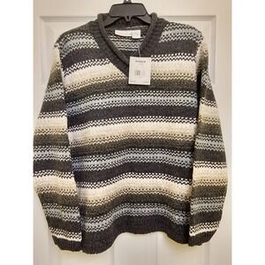 Women's Croft & Barrow Stripe Knit V-Neck Sweater Large Color Denim/Khki $44
